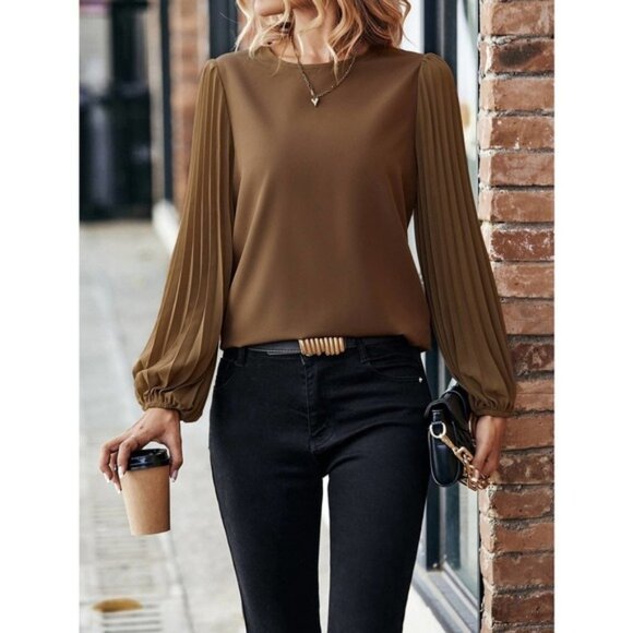 brown Long sleeve Pleated Lantern Sleeve Blouse - Picture 1 of 10